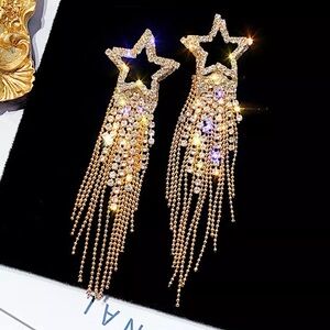 Rhinestone 18k GP Star Tassel Earrings